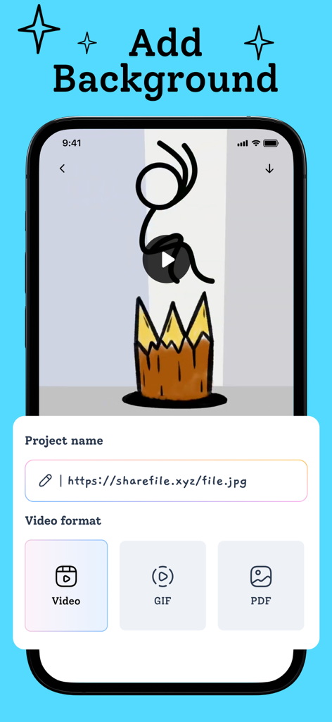 Interface of the Flipbook Animation Maker app showing project export options for video gif and pdf with a hand drawn stick figure animation