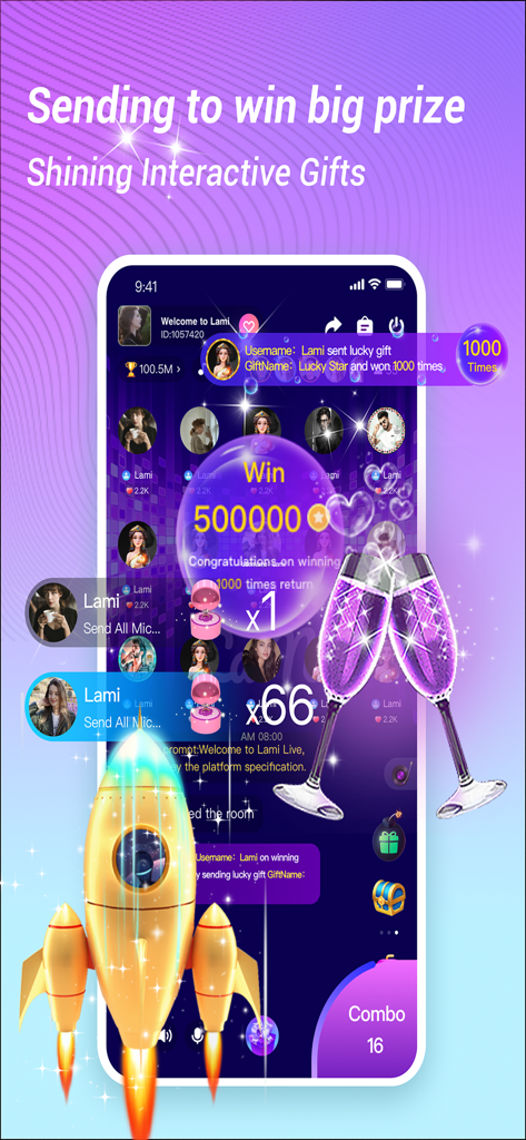 Lami Live app screen showing interactive virtual gifts and prize winner notification