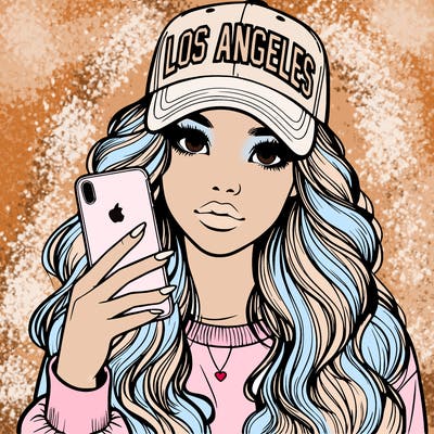 realistic beautiful girl wearing los ángeles cap holding an iphone