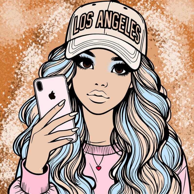 realistic beautiful girl wearing los ángeles cap holding an iphone