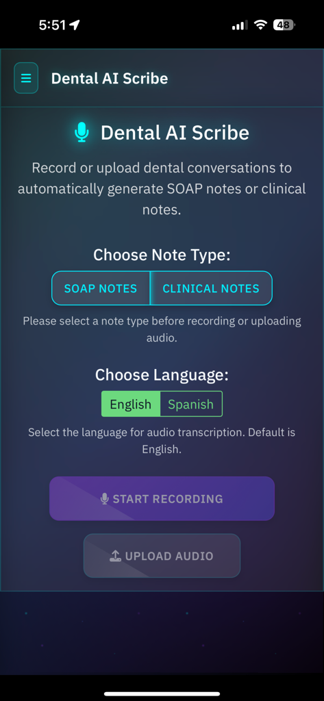 Isaac: AI for Dentistry - Isaac app interface for the Dental AI Scribe tool showing options to generate SOAP and clinical notes from recorded conversations.