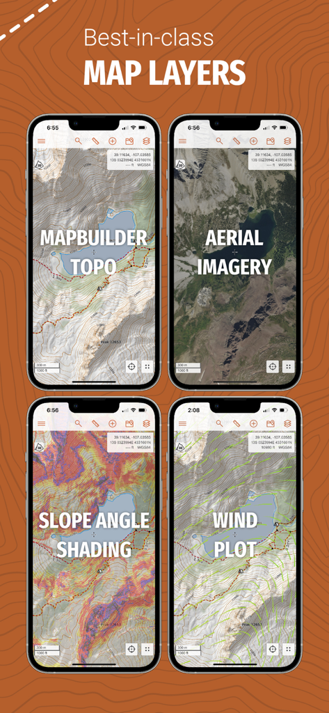 A showcase of CalTopo map layers including topo aerial imagery slope angle shading and wind plots on mobile devices