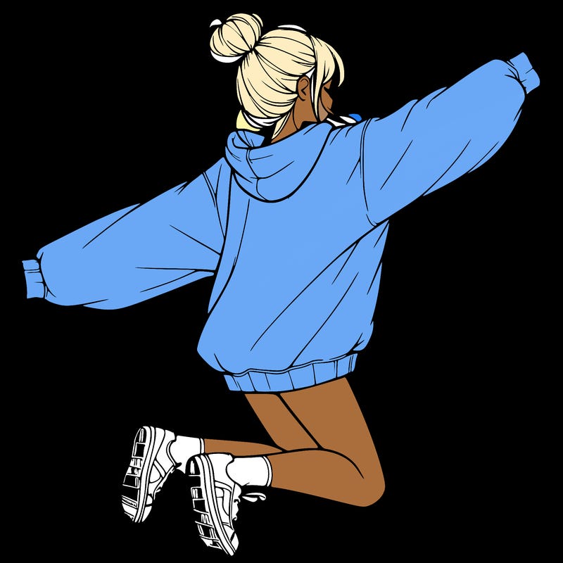 realistic girl jumping with a bun and oversized sweatshirt