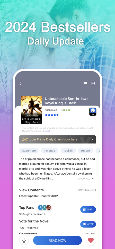 NovelCat-Novels and Books - NovelCat mobile app interface showing a popular novel with daily updates and reading options