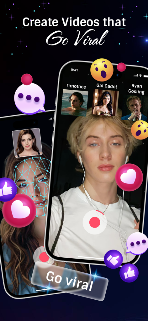 Celebrity Twin - Funny Filter - Smartphone screen showing the celebrity twin app with face mapping and social media reaction icons