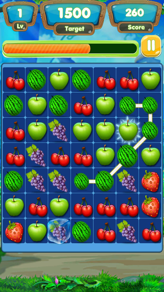 Fruits Legend - A gameplay screenshot of Fruits Legend showing a match 3 puzzle with watermelons and apples being connected on a blue grid