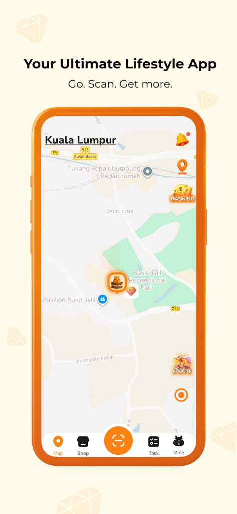 Bello - Lifestyle Rewards App - Interfaccia della mappa live dell'app Bello che mostra luoghi di ricompense gamificate e icone di caccia al tesoro in una città.