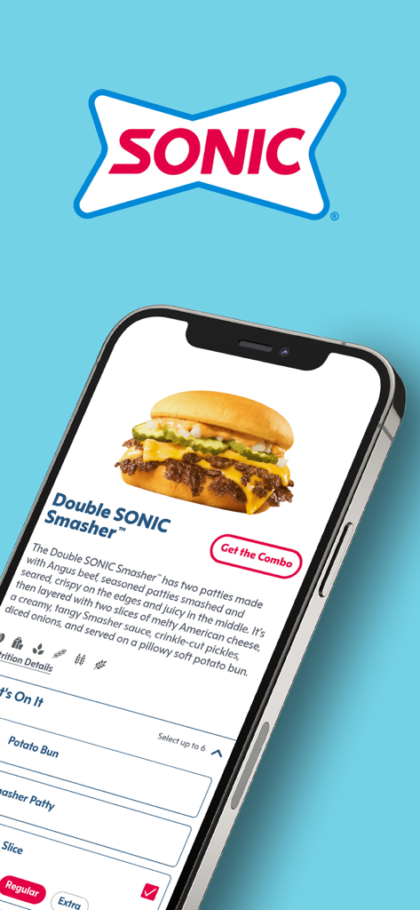 SONIC Drive-In - Order Online - A smartphone showing the SONIC app menu for a Double SONIC Smasher burger