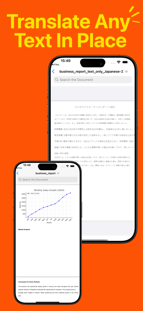 iPhone-Bildschirme, die die PDF Reader App mit In-Place-Übersetzung eines japanischen Dokuments und einem Diagramm eines Geschäftsberichts zeigen.