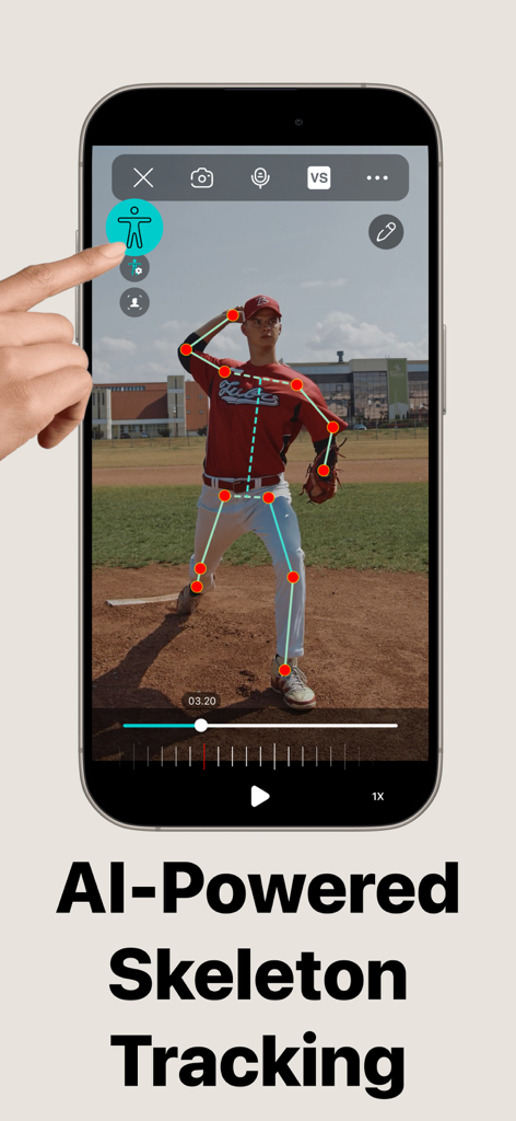 Stride: AI Form Coach - AI skeleton tracking overlay on a baseball pitcher for form analysis