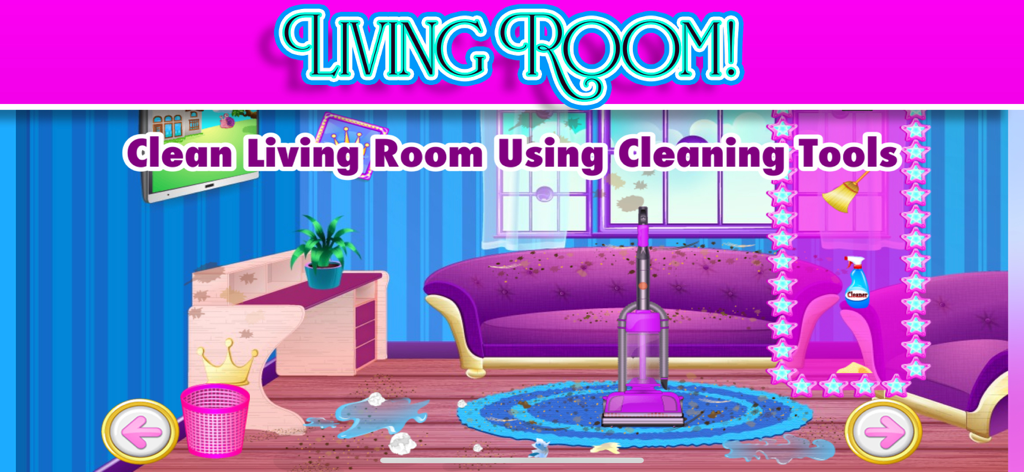 Una sala de estar virtual desordenada en un juego de casa de muñecas de princesa con un sofá morado, una aspiradora y suministros de limpieza.