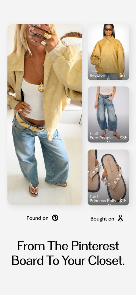 Curtsy: Shop & Sell Top Trends - Pinterest風のおしゃれな衣料品と、Free PeopleやRevolveなどのブランドがCurtsyアプリに表示されています。