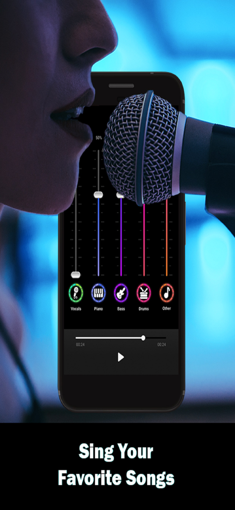 SplitHit Vocal Remover - A person singing into a microphone using the SplitHit app interface to adjust vocal and instrument levels