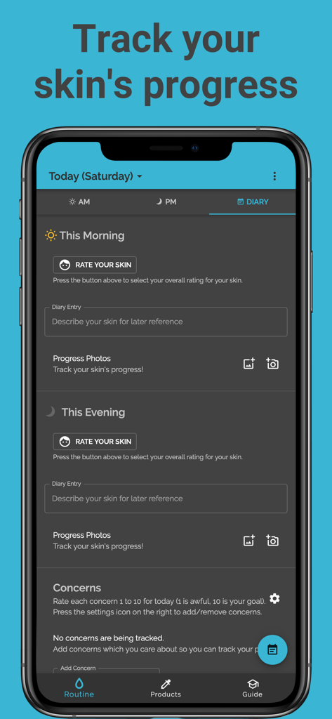 Screenshot of the Skincare Routine app showing the diary section to track daily skin progress with photos and ratings
