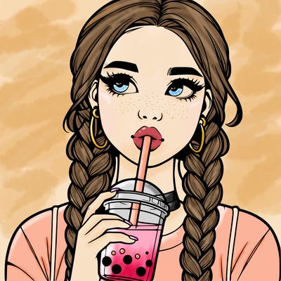 realistic girl with braided hair drinking boba