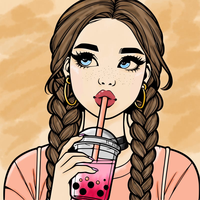 realistic girl with braided hair drinking boba