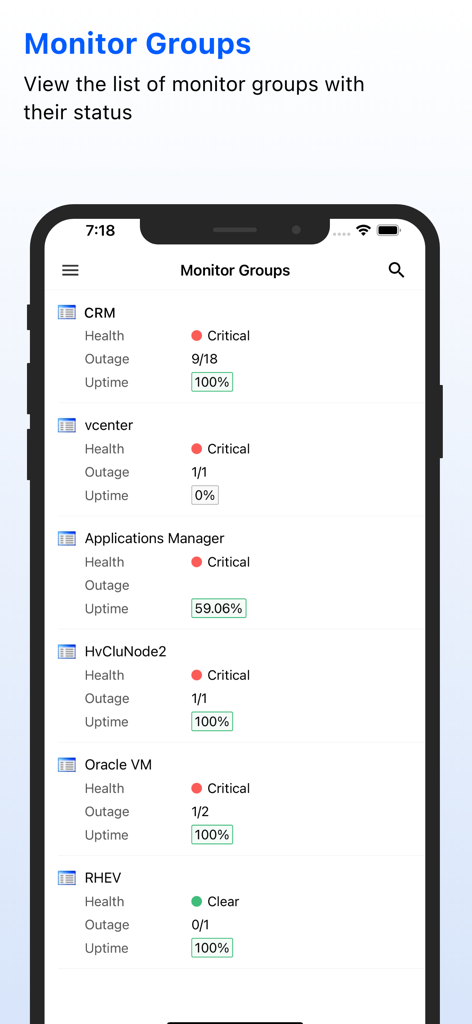 Mobile dashboard of ManageEngine Applications Manager showing health status and uptime for various IT infrastructure groups