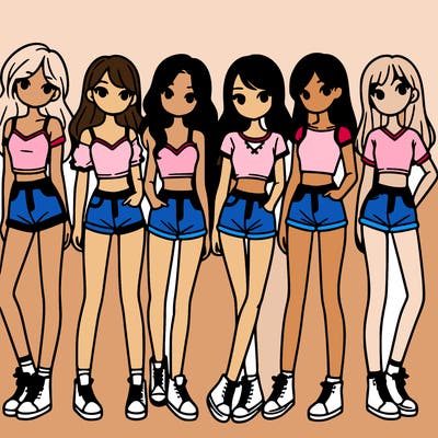 a group of girls wearing crop tops and shorts