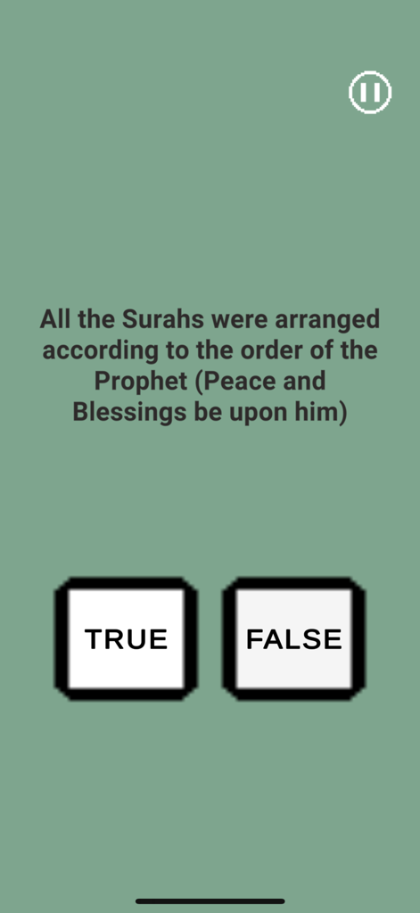 Eine Richtig-oder-Falsch-Quizfrage zur Anordnung von Koransuren in der SahabaGames-Lern-App.