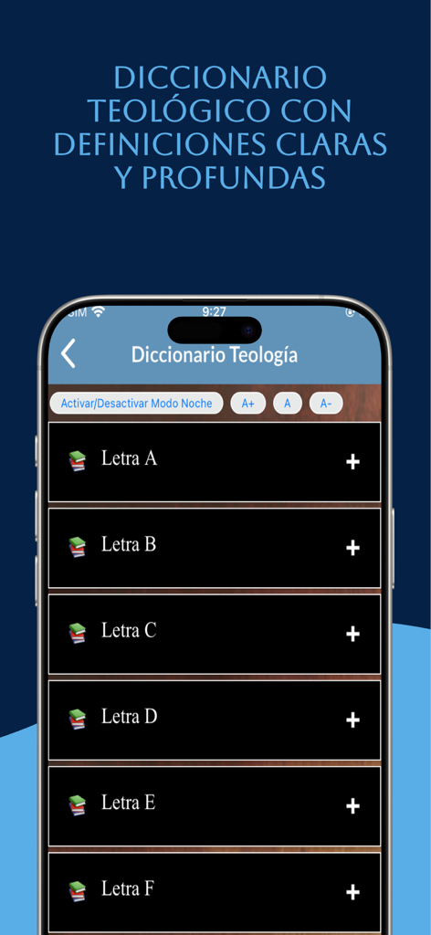 Estudio Biblia Reina Valera - Pantalla del diccionario teológico dentro de la aplicación Estudio Biblia Reina Valera mostrando categorías alfabéticas.