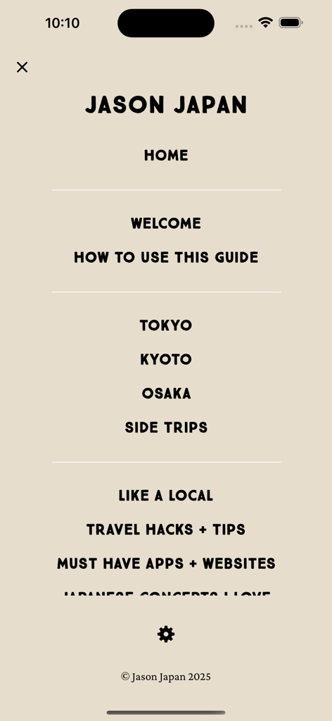 Menú de navegación minimalista de la aplicación Jason Japan Travel con guías de ciudades y consejos de viaje
