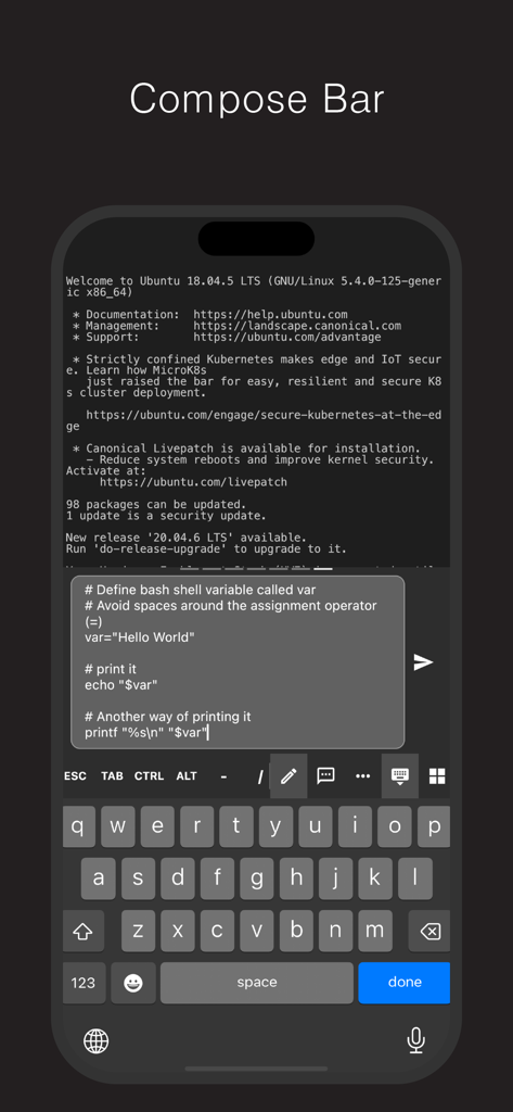 PortX - SSH, SFTP Client - PortX mobile SSH-Terminal zeigt die mehrzeilige Compose Bar Funktion zur Bearbeitung von Shell-Befehlen.