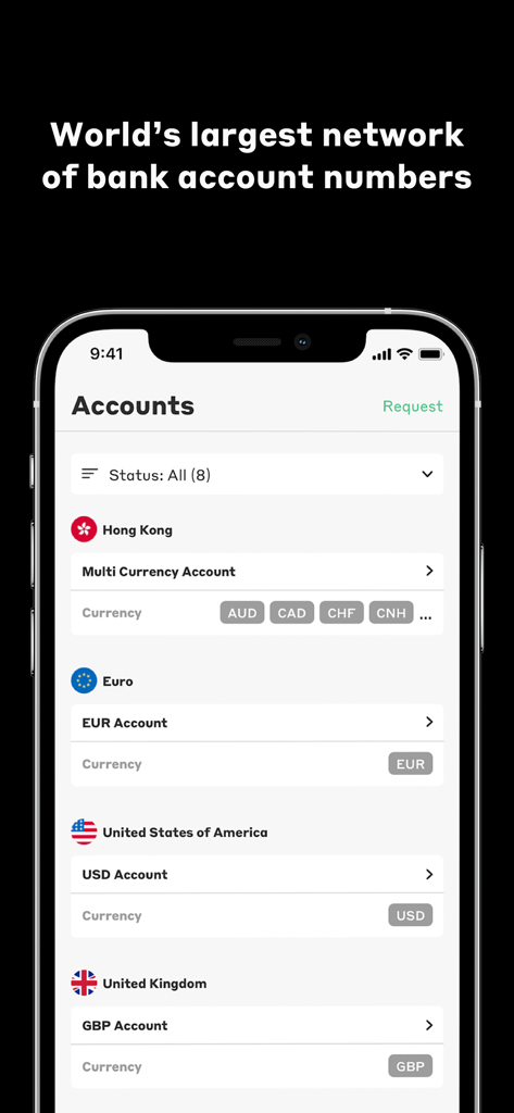 Currenxie Global Account - Interface do aplicativo Conta Global Currenxie mostrando contas bancárias internacionais para USD, EUR, GBP e mais