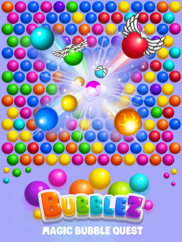 Colorful bubble shooter gameplay with winged power ups in Bubblez Magic Bubble Quest HD