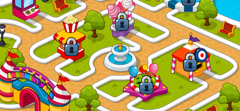 A colorful cartoon map of an amusement park with various game booths and snack stalls in Yovo Adventures Park
