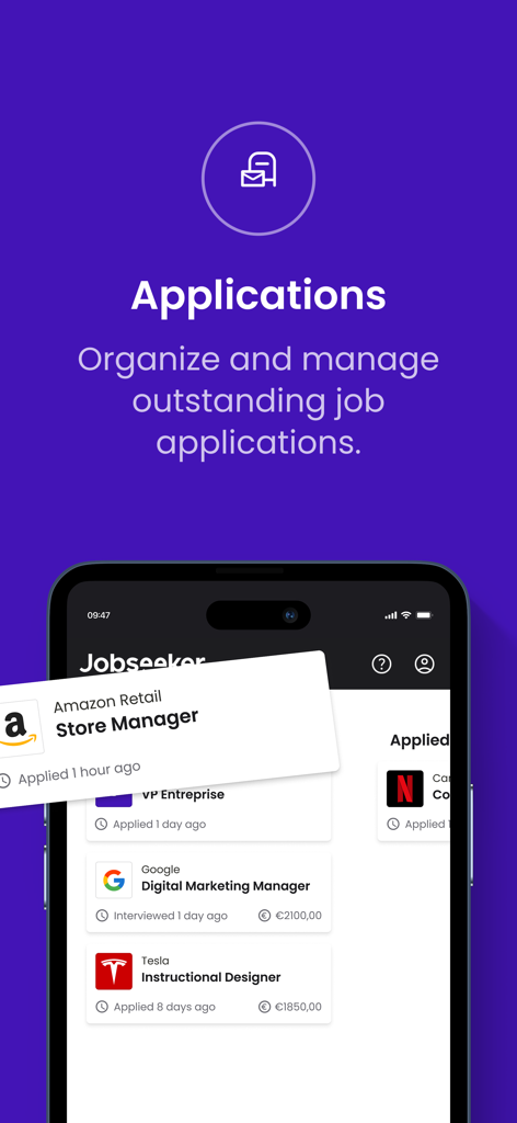 Pantalla móvil que muestra un rastreador de aplicaciones de empleo para gestionar oportunidades profesionales
