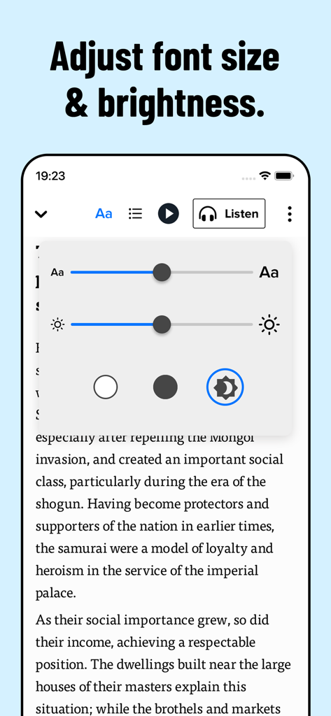 Interface of Fabula app showing sliders to adjust font size and brightness with theme selection buttons over a reading summary.