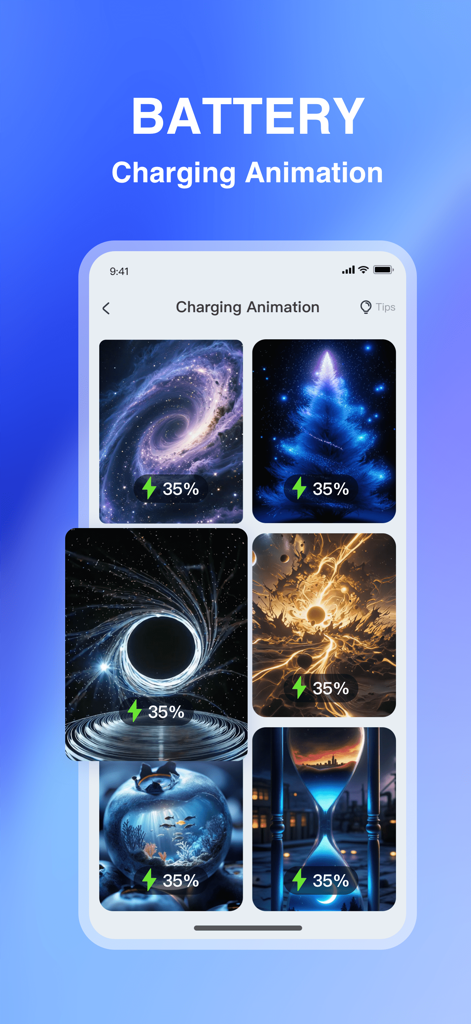 AI Cleaner-Clean Storage Space - A gallery of creative battery charging animations with artistic themes in the AI Cleaner app