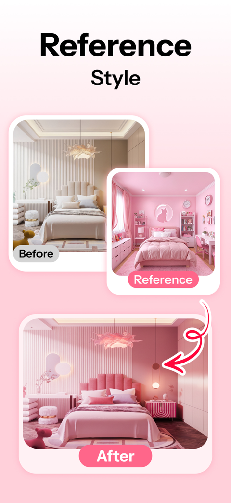 Before and after images of a bedroom redesign using a pink reference style in the HomeMagic app.