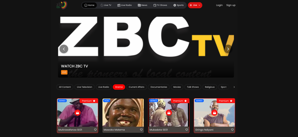 Z+ - Z plus app interface featuring ZBC TV and Zimbabwean drama series.