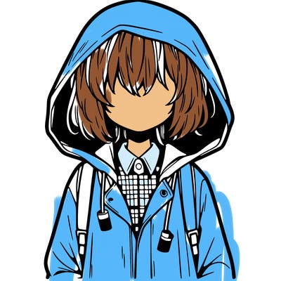 little anime girl in a raincoat her hair is covering her eyes she has a lighter