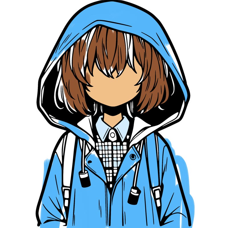little anime girl in a raincoat her hair is covering her eyes she has a lighter