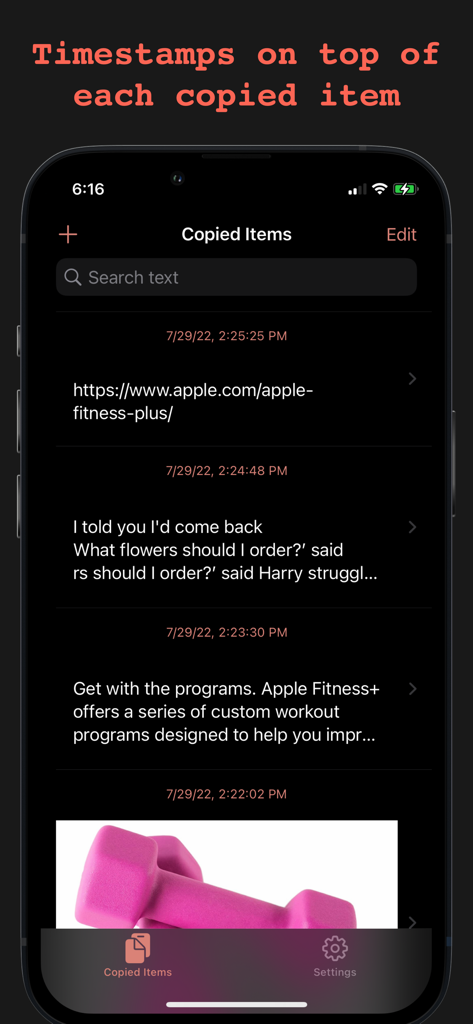 Ditto Pasteboard - A list of copied items including links and text snippets with chronological timestamps in the Ditto Pasteboard app.