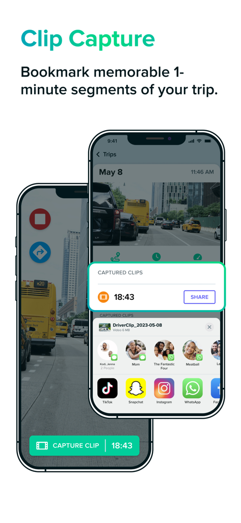 Driver: Driving & Dash Cam App - Oberfläche der Driver-Dashcam-App, die die Clip-Capture- und Video-Sharing-Funktion auf zwei Smartphones anzeigt.