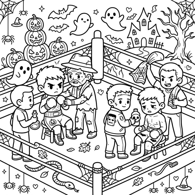 Step into a spirited ring with our unique Halloween Boxers coloring page! This playful scene features cartoon boxers and their ghoulish trainers, ready for a match amidst a backdrop of pumpkins, ghosts, and spooky delights.