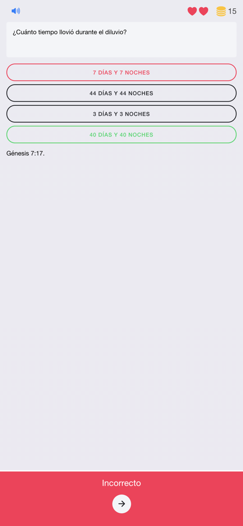 Benutzeroberfläche der Biblia Reina Valera App, die eine Bibel-Quizfrage in Spanisch über die Dauer der Sintflut zeigt.
