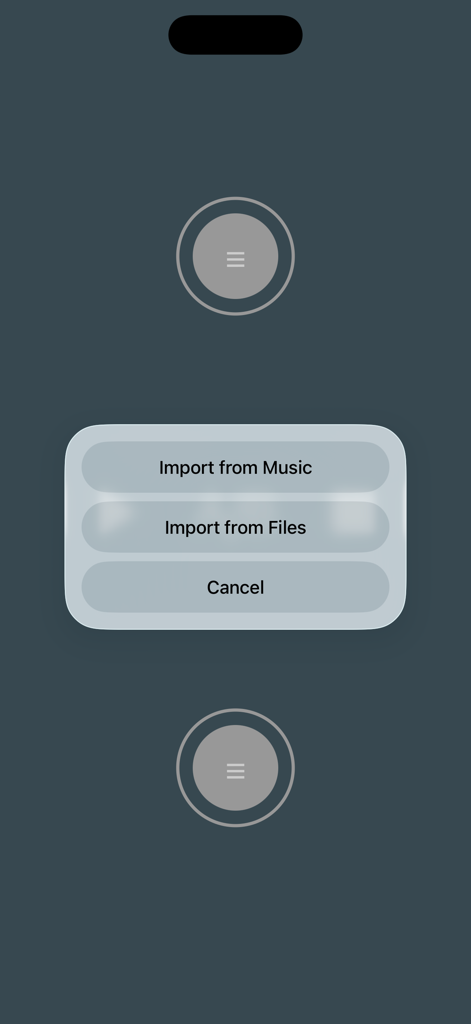 A/B Audio - A/B Audio app interface showing a menu with options to import audio tracks from Music or Files.