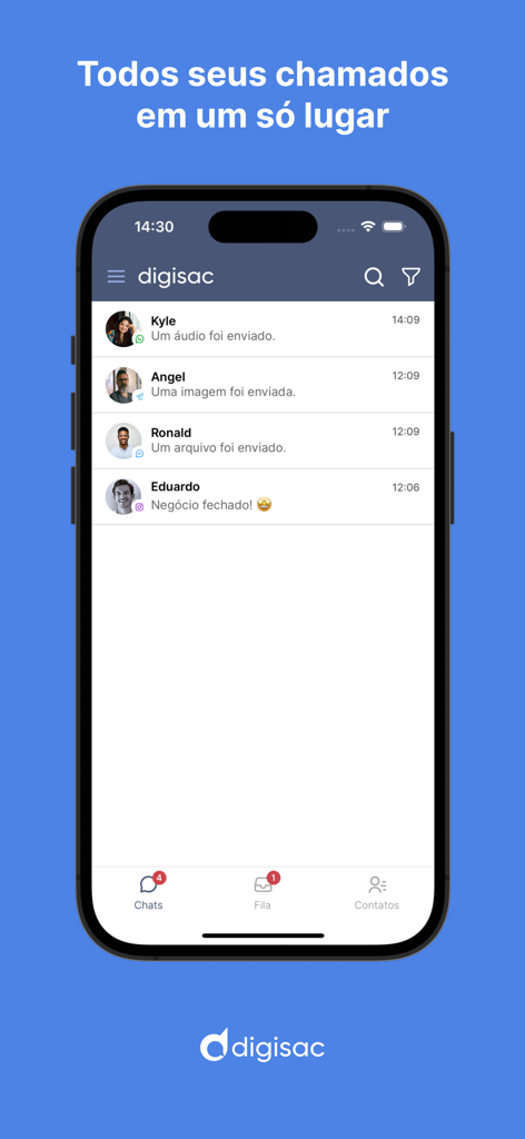 Digisac app interface showing a centralized inbox with messages from different communication channels like WhatsApp and Instagram