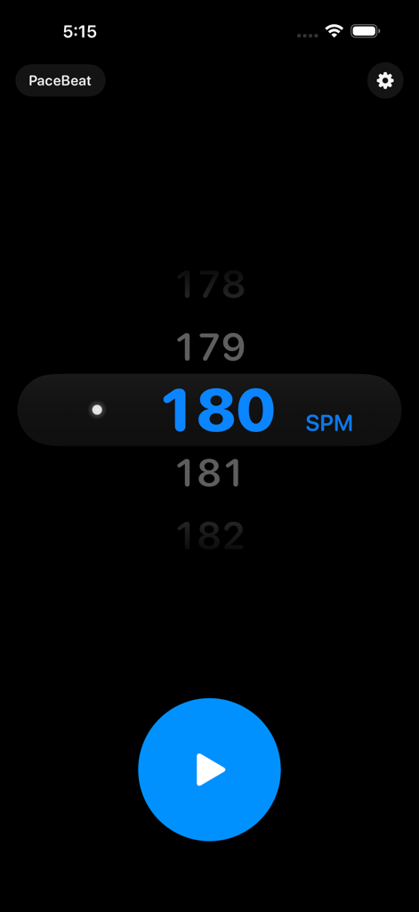 PaceBeat｜跑者步频训练器 - PaceBeat app interface showing 180 steps per minute cadence setting with a blue play button