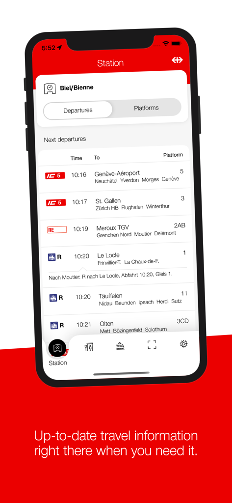 SBB Inclusive - SBB Inclusive app showing real-time train departure information for Biel/Bienne station.
