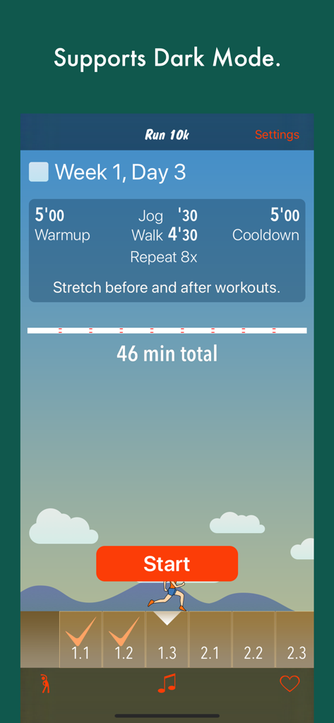 Run 10k - couch to 10k program - Run 10k app workout screen showing a Week 1 Day 3 interval training plan with warm-up and cool-down periods.