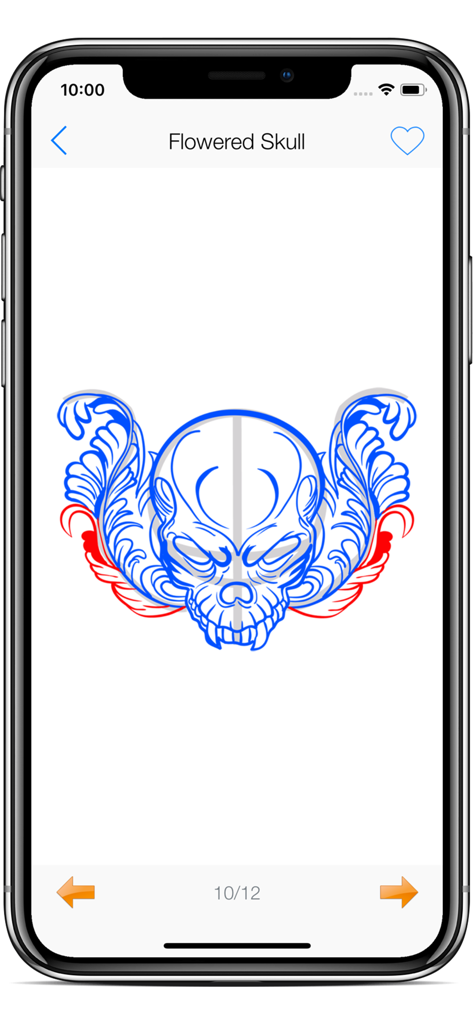 A step-by-step tattoo drawing tutorial of a flowered skull on a mobile screen.