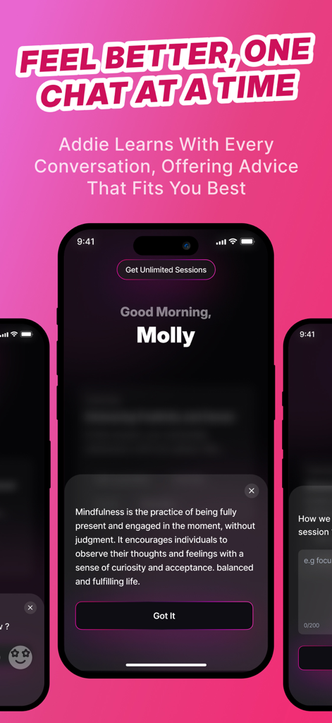AI Vent Therapy AdviceLine AI - Un saludo personalizado y consejos de atención plena en la aplicación de terapia AdviceLine AI