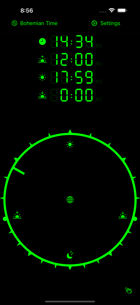 デジタルサンダイアルアプリのインターフェース、ボヘミア時間モードでネオングリーンの24時間円形ダイヤルとデジタル時計表示が黒い背景に表示されている。