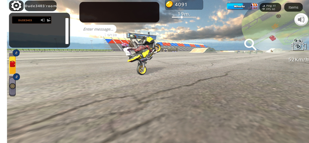 Wheelie King 8 - Online racing - Dos jugadores realizando un caballito de motocicleta en una moto amarilla en un entorno de carreras de acrobacias en línea.