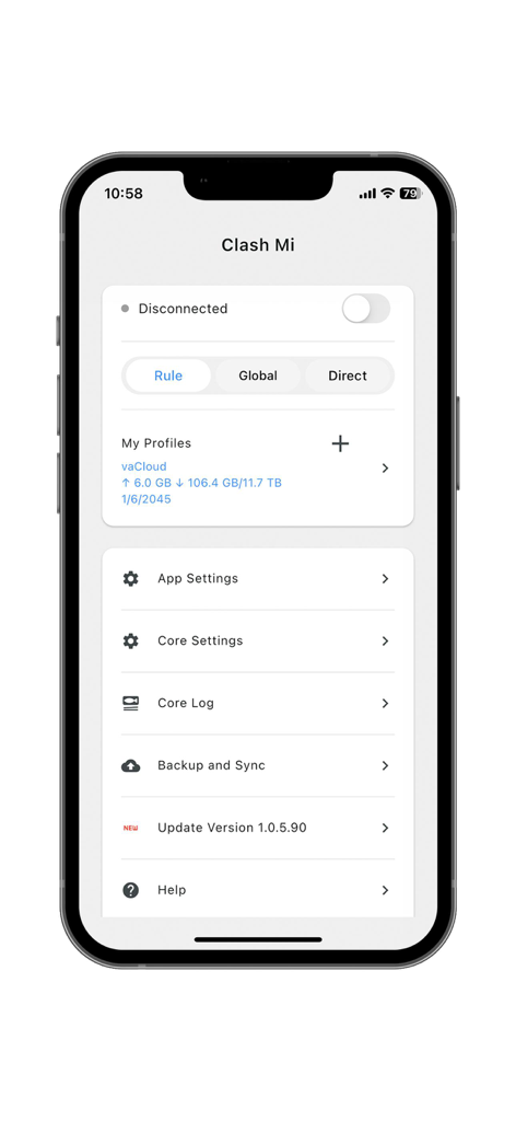 Clash Mi - Dashboard principale dell'app Clash Mi con modalità di connessione di rete e gestione dei profili